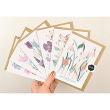 Load image into Gallery viewer, 6 floral greeting cards held up in a fan formation against a pale background