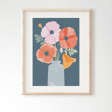 Load image into Gallery viewer, a colourful art print of poppies in a vase on a dark background framed in a pale wooden frame hung on a plain white wall