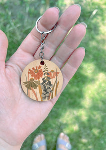 Cosmos and Foxgloves Wooden Keyring